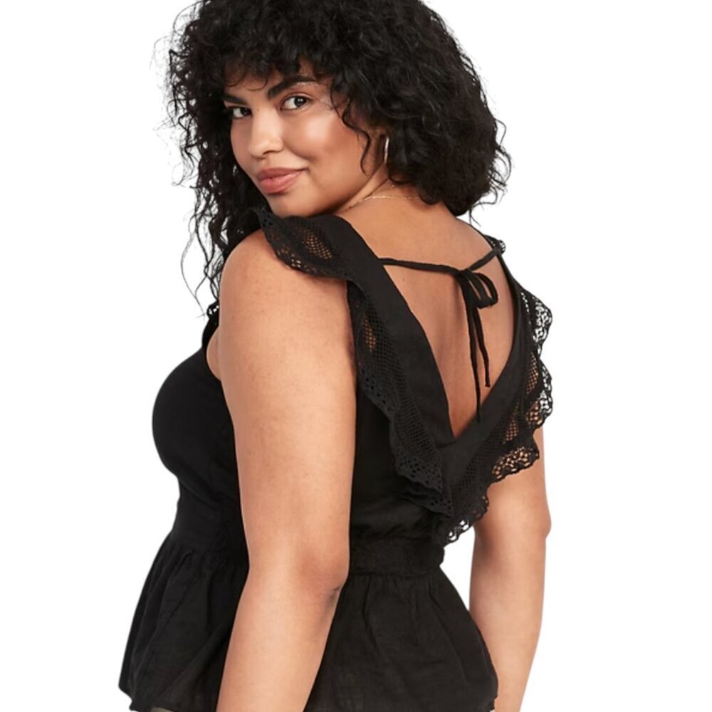 Flutter Sleeve Crochet Lace Tie-Back Top Old Navy Black Medium - Picture 2 of 5
